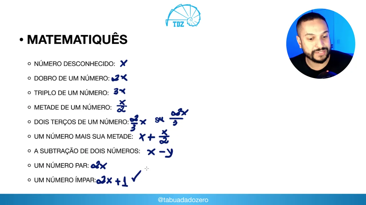 Frame real da aula: o professor Rodrigo traduz expressões do enunciado em linguagem matemática